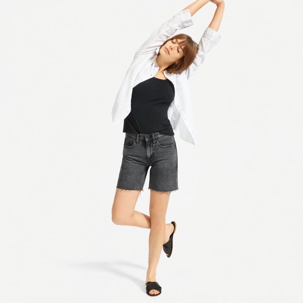 Everlane Denim Shorts in Washed Black High Rise Long Inseam Raw Hem- Size 28